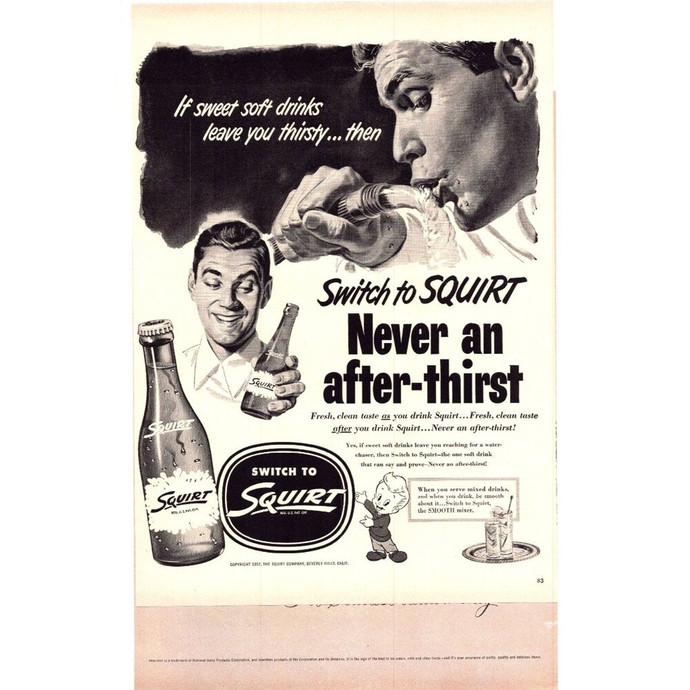 1952 Squirt Soda Pop Vintage Print Ad Man Drinking Water Hose 50s Wall Art